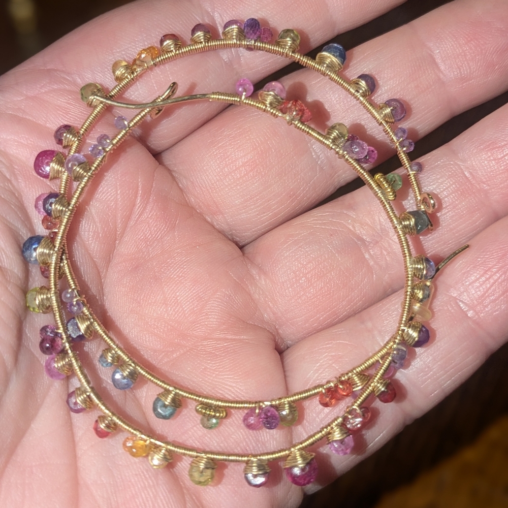 Multi Colored Rainbow Gemstone Large Hoop Earrings 14k Yellow Gold Filled 2.5"